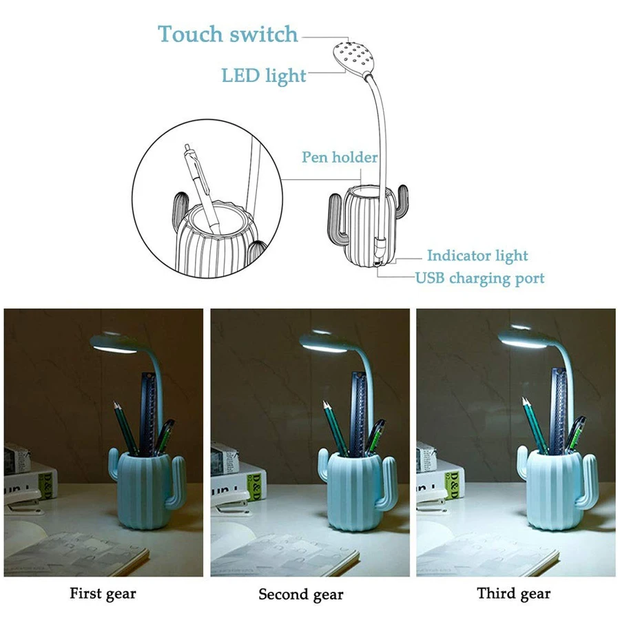 Перезаряжаемая лампа в форме кактуса с держателем ручки креативный 13 светодиодный USB сенсорный гибкий ночник для чтения глаз Защитная лампа