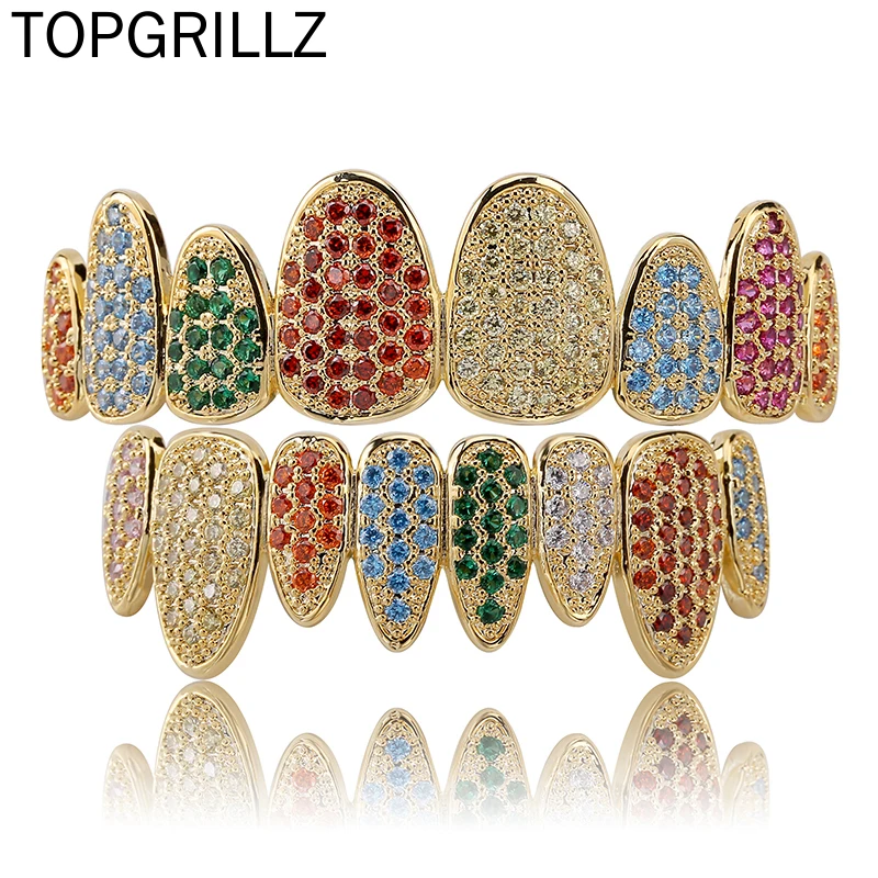 

TOPGRILLZ ICED OUT Gold Teeth Grillz 8 Teeth Exclusive Grillz Rainbow Micro Pave Cubic Zirconia Hip Hop Jewelry ICE BOX