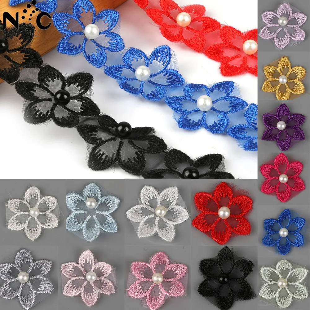 

1 Yard Soluble Organza Pearl Lace Trim 28 pcs Flowers Wedding Embroidered Sewing Supplies Decoration Accessories For Garments