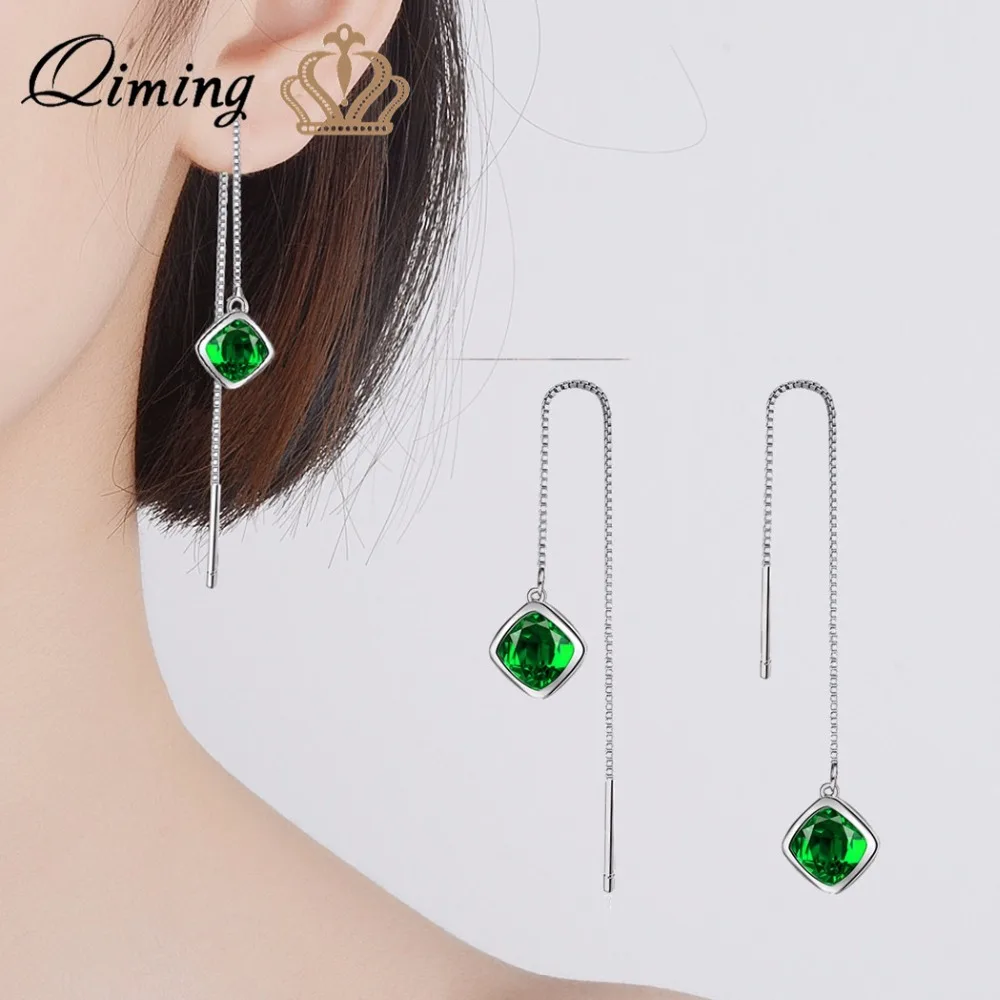 

QIMING Rhombus Green Stone Earrings For Women Geometric Adjustable Chain Link Ethnic Statement Jewelry Drop Earring Gift