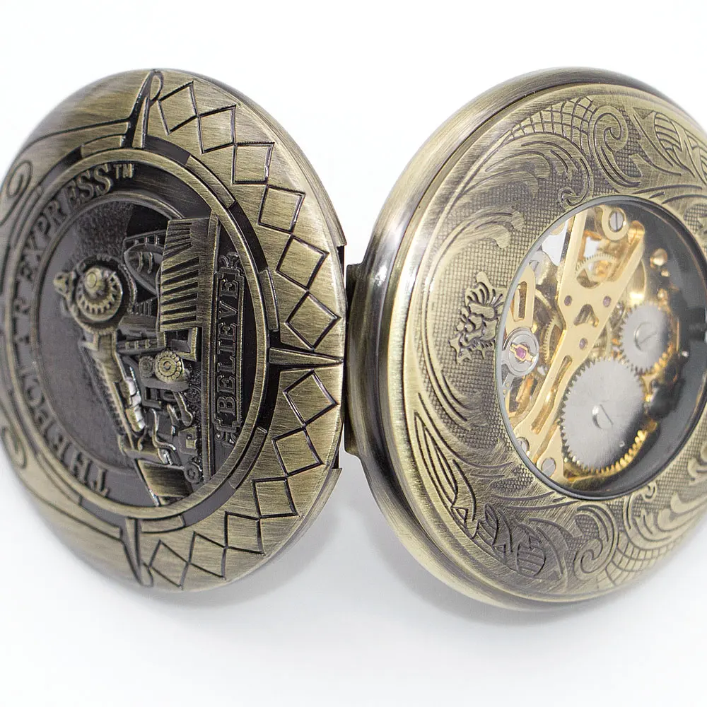 Антикварные стимпанк поезд Скелет Механические карманные часы мужское ожерелье с подвеской бронзовые карманные часы с цепочкой