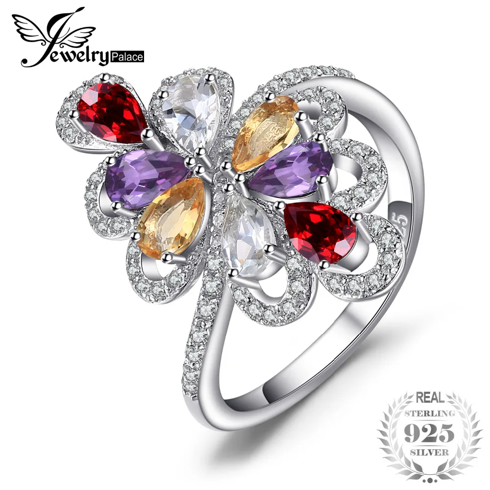 

JewelryPalace New 1.8ct Natrual Amethysts Garnetss Citrines Green Amethysts Cocktail Ring 925 Sterling Silver Rings for Women