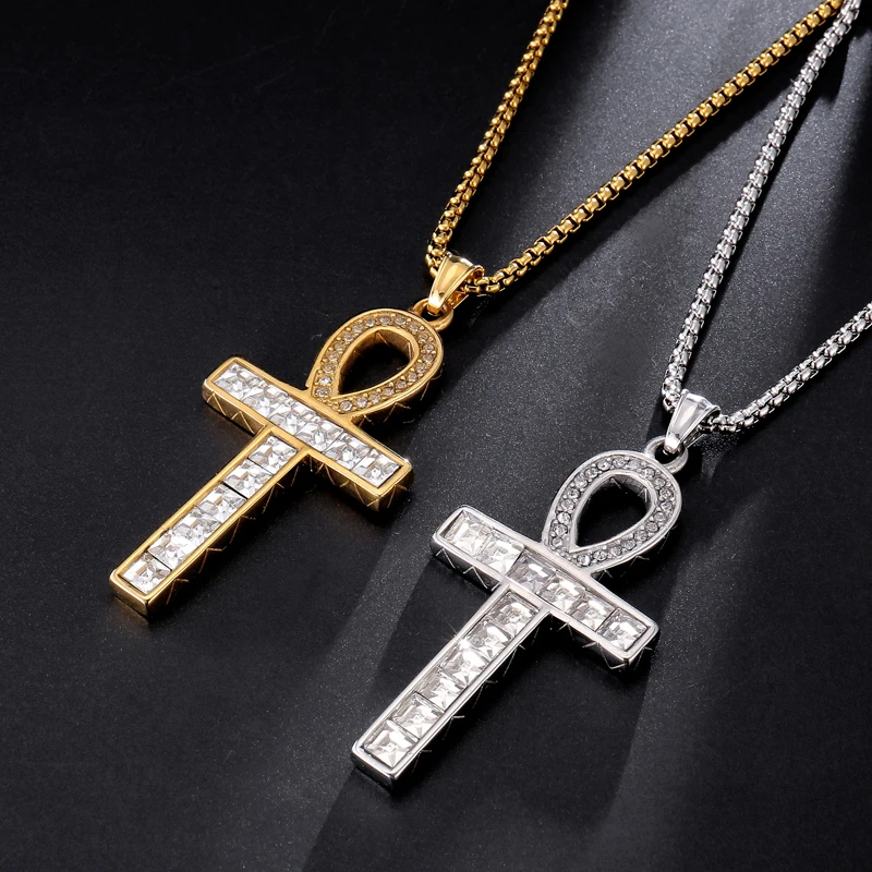 

HIP Hop Iced Out Bling Cross Rhinestone Ankh Necklaces & Pendants Key of Life Pendant Link Chain Necklace For Men Jewelry