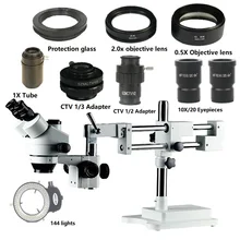 Двойной рычаг стрелы стенд 3.5X-90X Simul-focal Тринокулярный Стерео зум микроскоп+ 144 регулируемый светодиодный кольцо+ 0.5X WD165 2.0X WD30 объектив