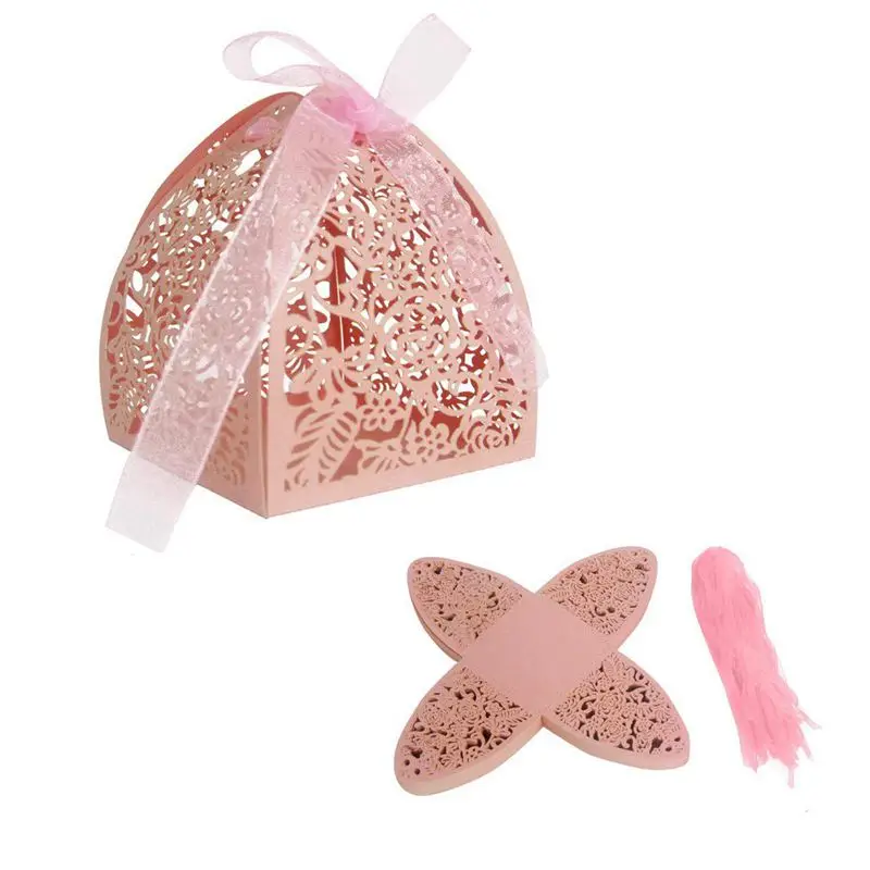 

50pcs/Pack Rose Design Laser-Cutting Wedding Favor Candy Box Gift Boxes with Ribbons for Wedding Favors and Gifts Party Decora