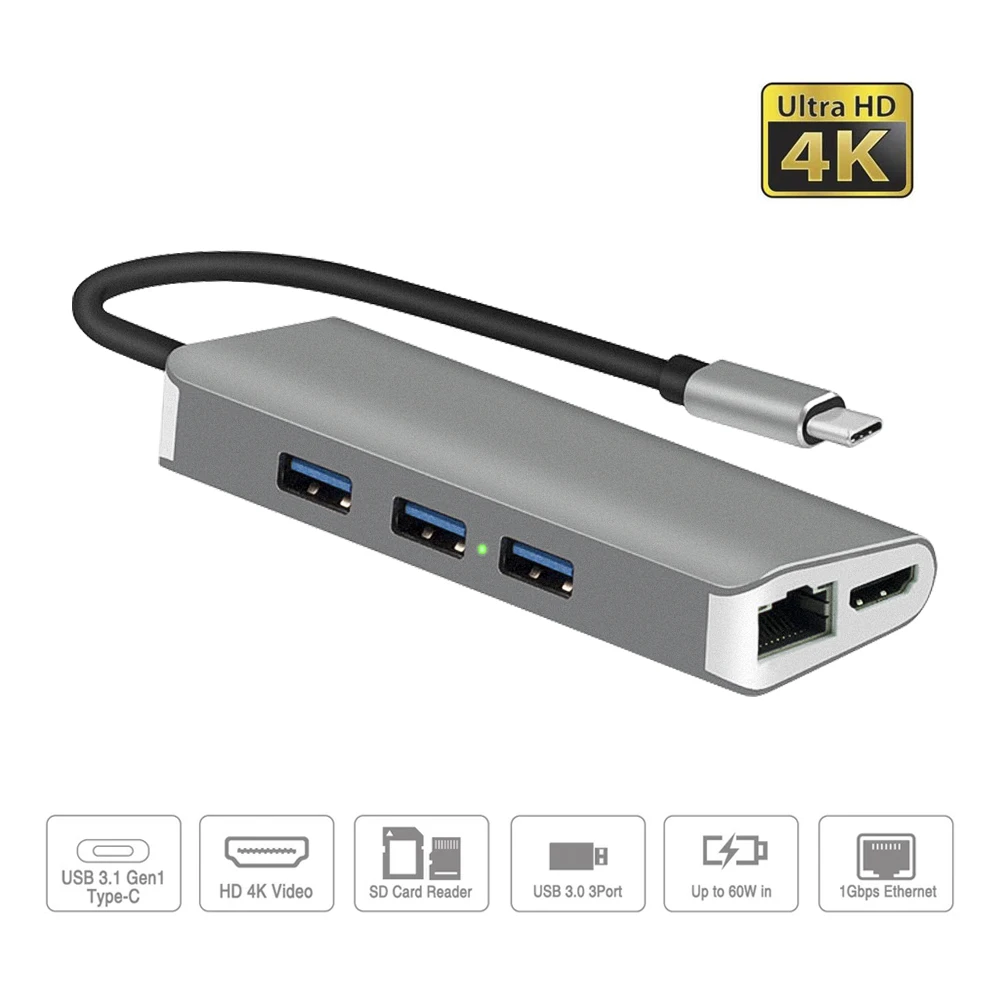 

USB Type C HUB USB-C to HDMI 4k SD/Micro SD TF Card Reader Gigabit Ethernet RJ45 USB 3.0 PD 60W Adapter for MacBook Pro Air 2018