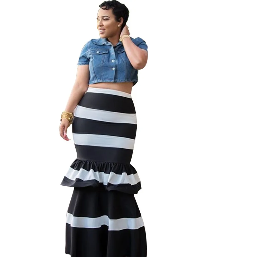 

Striped Long Skirt Women Fish Tail Ruffles Patchwork Floor-Length Skirt Bottoms Mermaid Trumpet Empire High Waist B92793
