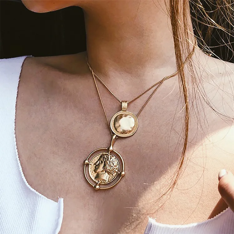 

2018 Gold Color Hanging Portrait Coin Chain Choker Necklace Female Layered Charms Pendant Chokers Necklaces Bohemia Jewelry