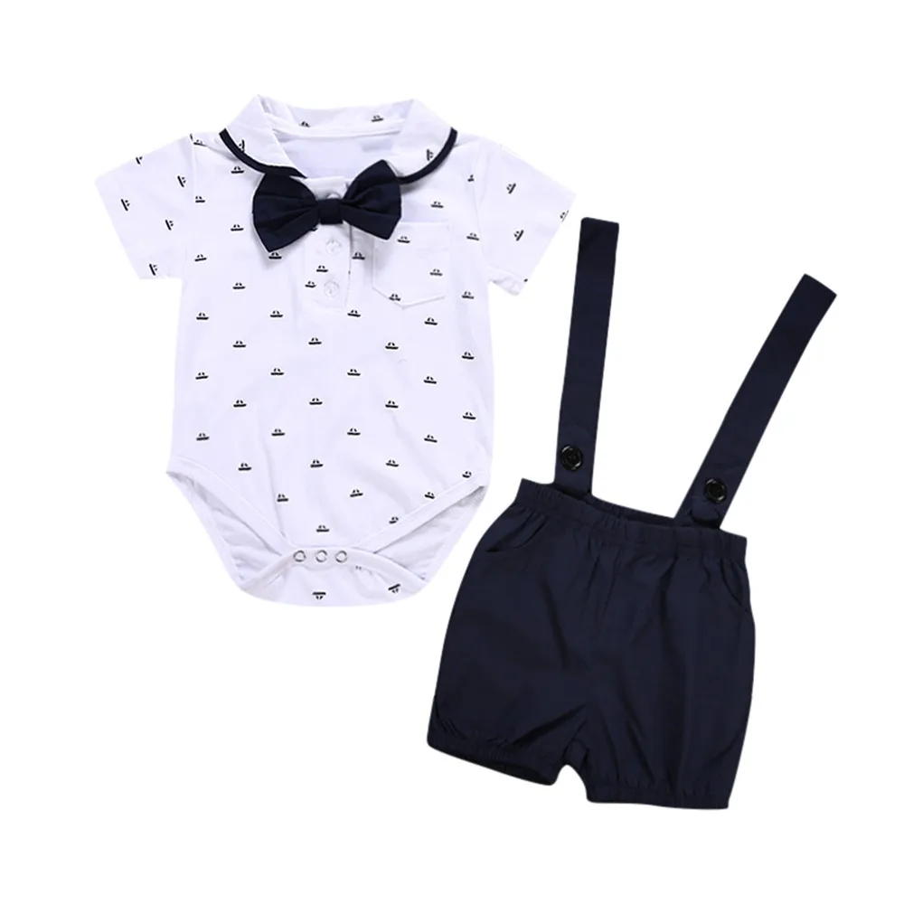 2PCS Baby Rompers Christening Baptism Baby jumpsuit Newborn infant Clothes kids chird Gentleman Boy Suspender Rompers