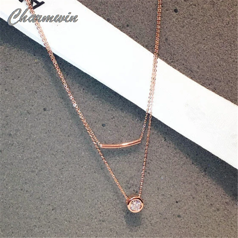 Charmwin, модное простое Двухслойное кубическое циркониевое ожерелье, женское геометрическое ожерелье с цепочкой, s& Кулоны, розовое золото, ювелирное изделие