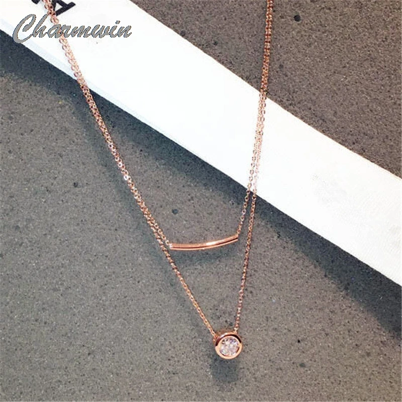 

Charmwin Fashion Simple Double Layers Cubic Zircon Necklace Women Geometric Chain Necklaces & Pendants Rose Gold Color Jewelry