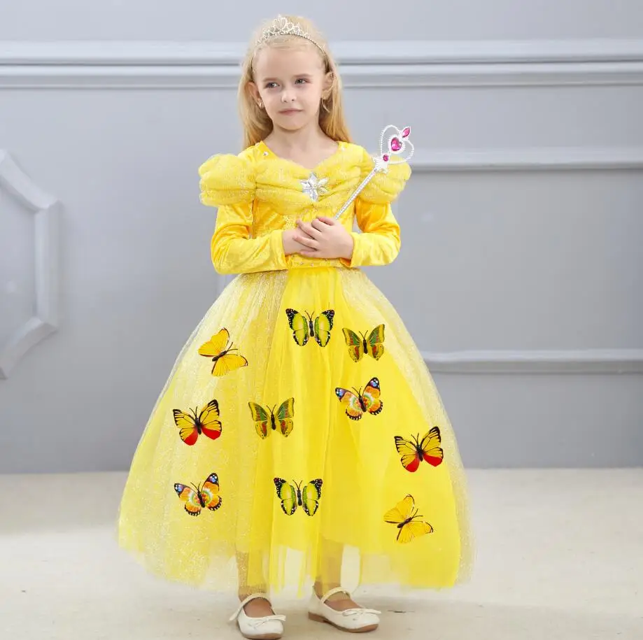 2017 Long Sleeve Blue Princess Dress Kids Butterfly Cinderella Dress