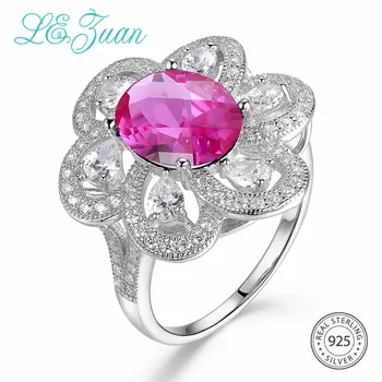 

L&zuan Trendy Floral 3.74ct Pink Ruby Rings for Woman in 925 Sterling Silver Checkerboard Cut Stone Fine Ring Jewelry Gift