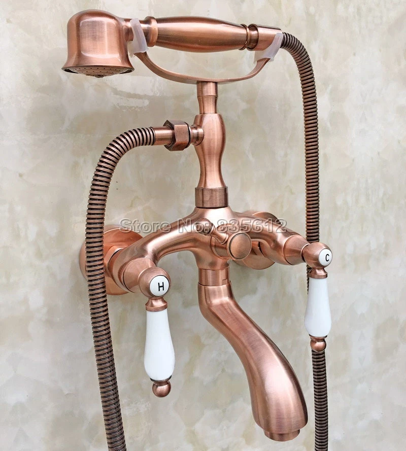 

Antique Red Copper Wall Mounted Clawfoot Bathtub Faucet Set with Handheld Shower Head Dual Ceramic Handles Mixer Taps Wtf805