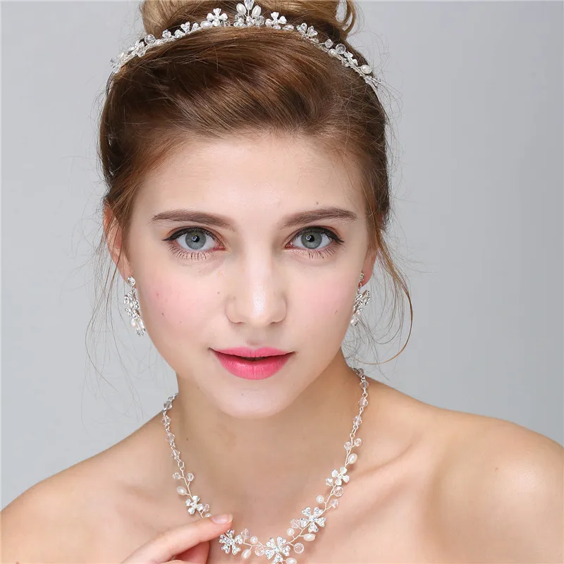Fashion Silver Flower Pearl Bridal Jewelry Necklace Earrings Set Handmade Wedding Accessories Women Jewelry Sets