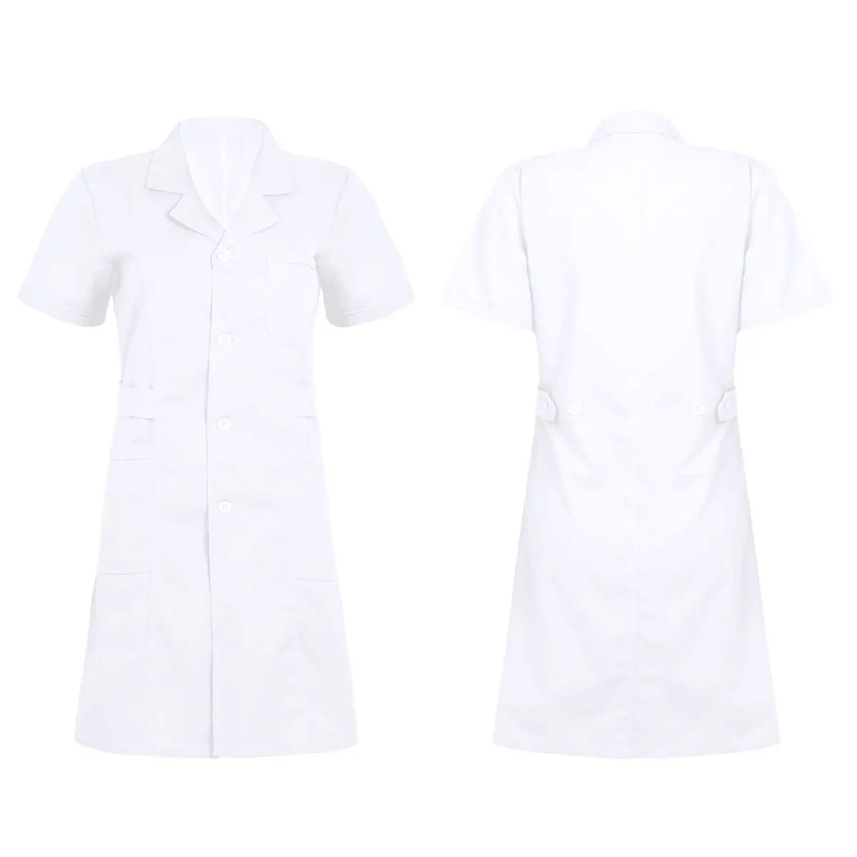 Iiniim для женщин и взрослых Униформа воротник с лацканами короткий рукав кнопка спереди сплошной цвет больница Медсестры скраб лабораторное пальто униформа платье