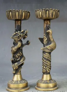

YM 308 Marked China Dynasty Dragon Phoenix Statue Candle Holder Candlestick Pair