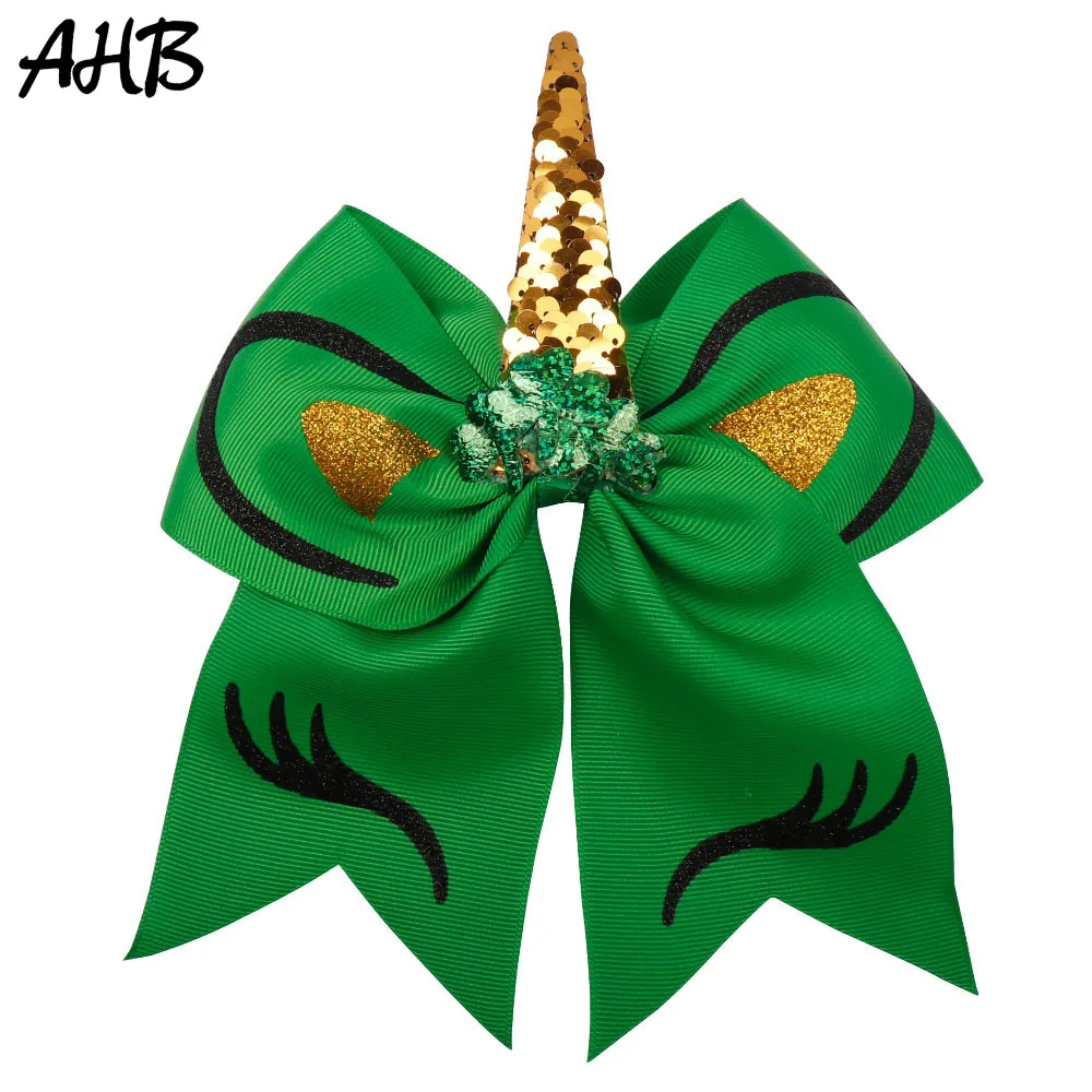 

AHB 7" Large Hair Bows Clips Sequin Unicorn Cheer Bows for Girls Glitter Ears & Eyelash Print Ribbons St. Patrick's Day Headwear