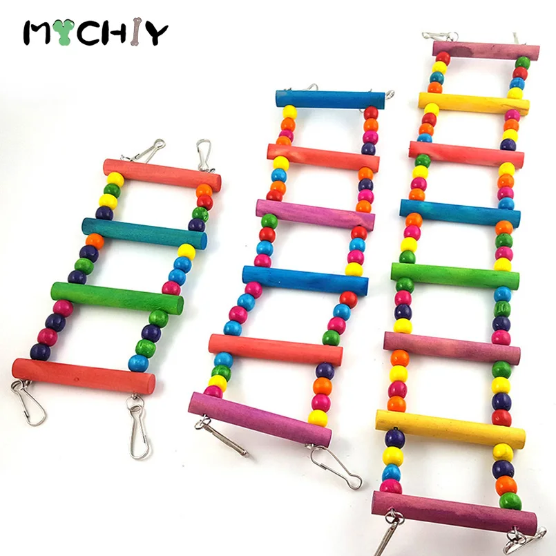 Wood Parrot Drawbridge Bird Ladder Climb Toys Small Pet Colorful Training with 4 Hooks Chewing Hanging Rope Toy for Parrots