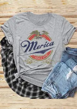 

Fashion Women T-Shirt Summer Short Sleeve Merica Since 1776 Eagle Print O-Neck Gray T-Shirt Female Casual t shirt Ladies Top Tee