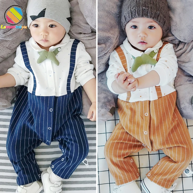 

Lemonmiyu Toddler Baby Cotton Rompers Newborn Autumn Long SLeeve Overall Jumpsuits Striped Covered Button Gentleman Clothing