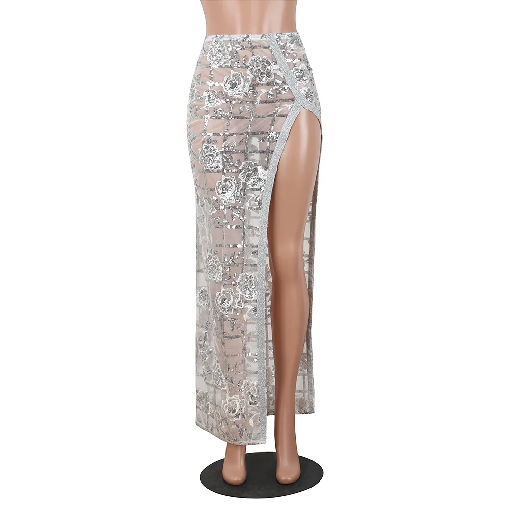 

Hot selling sexy sequin embroidery maxi skirt high slit sparking mesh pencil skirt