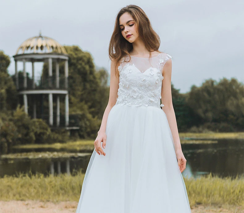 Пляж белый свадебное платье без рукавов Vestido De Noiva Тюль Цветы халат де mariée