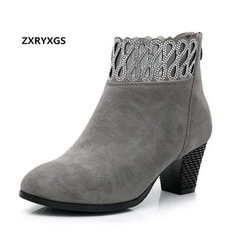 

ZXRYXGS Brand Shoes Woman Matte Cowhide Ankle Boots 2019 New Fall Rhinestone Elegant Fashion Shoes Thick Heel Women Shoes Boots