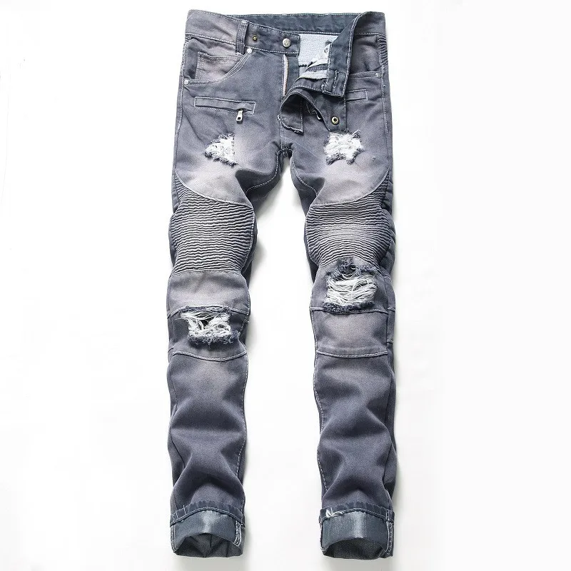 

MOUANCLE Men's Hi Street Ripped Biker Jeans With Holes Destroyed Motorcycle Denim Pants Distressed Trousers Plus Size 29-42