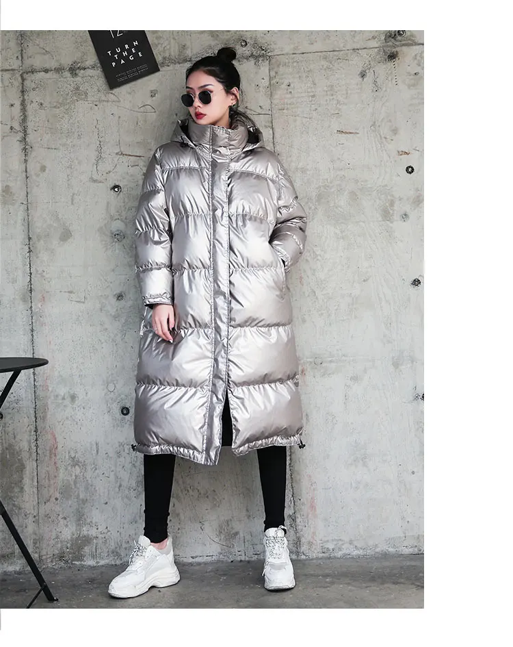 Long Silver Jackets Women Parka Winter Warm Outerwear Fashion Bright Cotton Coat Ladies Winter Loose Down Jacket Thick T399