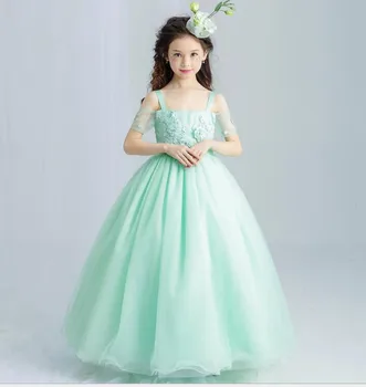 

New Summer Green Elegant Long Wedding Flower Girls Dress Kids Teen Ankle Length Appliques Floral Party Prom Communion Dresses