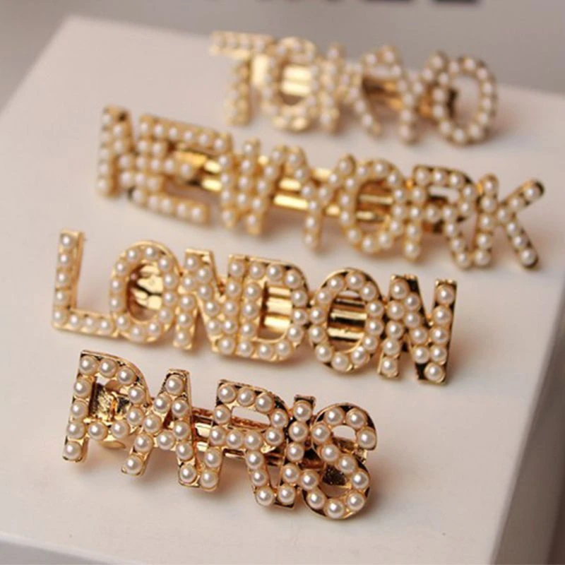 Girls Metal French Barrettes Famous City Name Faux Pearl Letters Luxury Hair Clips Metallic Gold Spring Automatic Hairpins Hair Jewelry Aliexpress