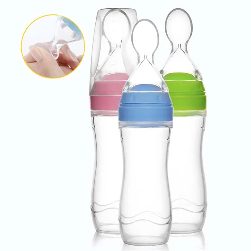 

New Baby Toddler Squeeze Feeder Silicone Spoon Bottle Feeding Dispensing Spoons BPA Free Baby Utensils Rice Cereal 90/120ml
