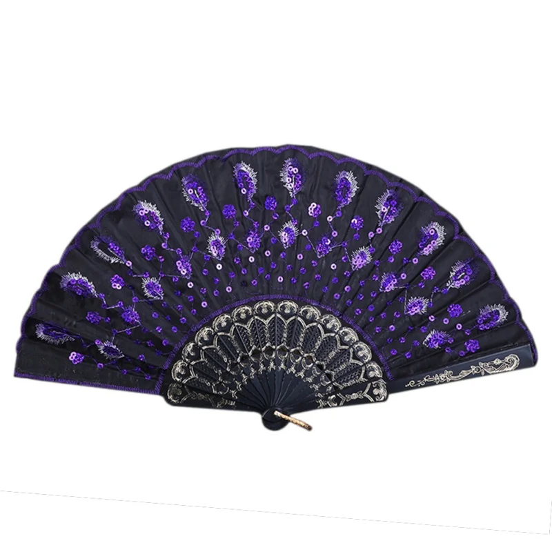 

Hot Chinese Style Folding Fan Sequin Embroidery Peacock Feather Pattern Multicolor Fan Decorative Fans For Dancing Home Decor
