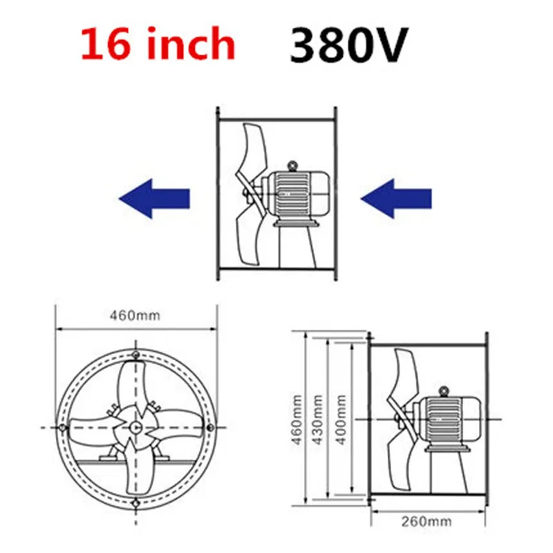 Промышленные цилиндр Вытяжной Вентилятор Мощный вентиляции осевого вентилятора 16 дюймов/20 дюймов/24 дюймов 380 В