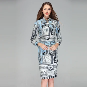 

Designer Runway Two Piece Set Women Dresses Long Sleeve Beading Bow Blouses Vintage Print Work Pencil dress office lady vestidos