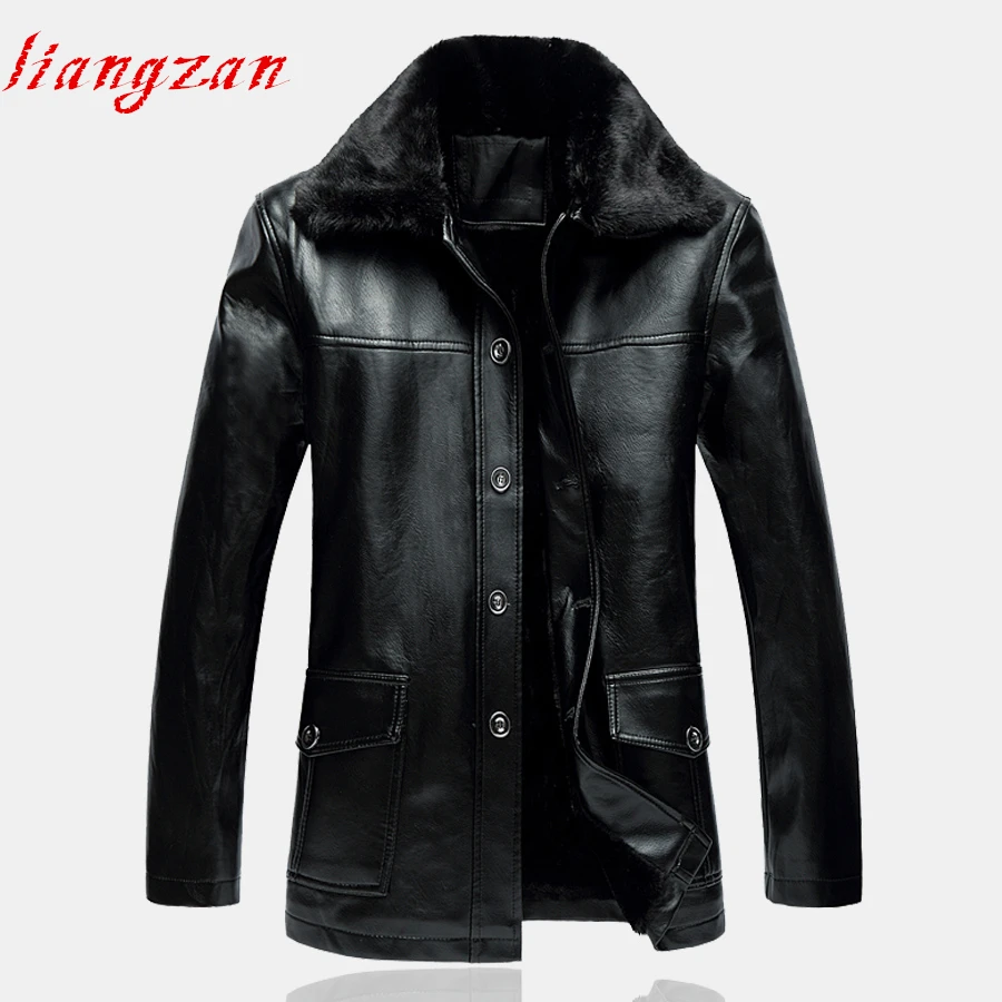 Men PU Leather Coat Winter Snow Warm Fleece Casual Motorcycle Jacket