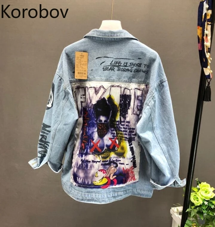

Korobov Jean Jacket Women 2019 New Patch Designs Female Coat Long Sleeve Harajuku Letter Printed Streetwear Denim Jackets 78151