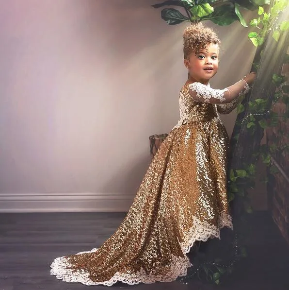 Блестящие платья для девочек с цветочным узором и длинными рукавами с золотыми блестками; детское вечернее платье для дня рождения с длинным шлейфом