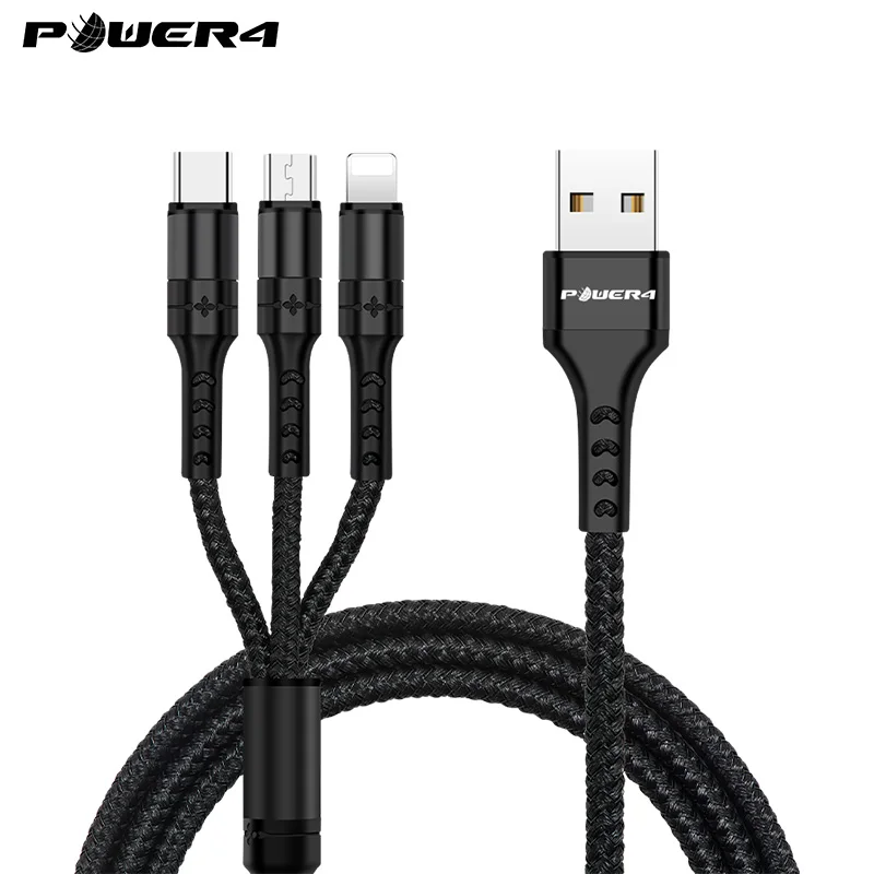 Power4, 3 в 1, USB кабель, быстрая зарядка, зарядное устройство Micro для Lightning, usb type C, универсальные кабели для мобильных телефонов, шнур для iPhone, samsung - Цвет: Black