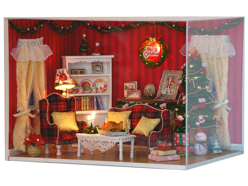 Free shipping DIY Christmas Scene Wooden Dollhouse Miniature Model Kit
