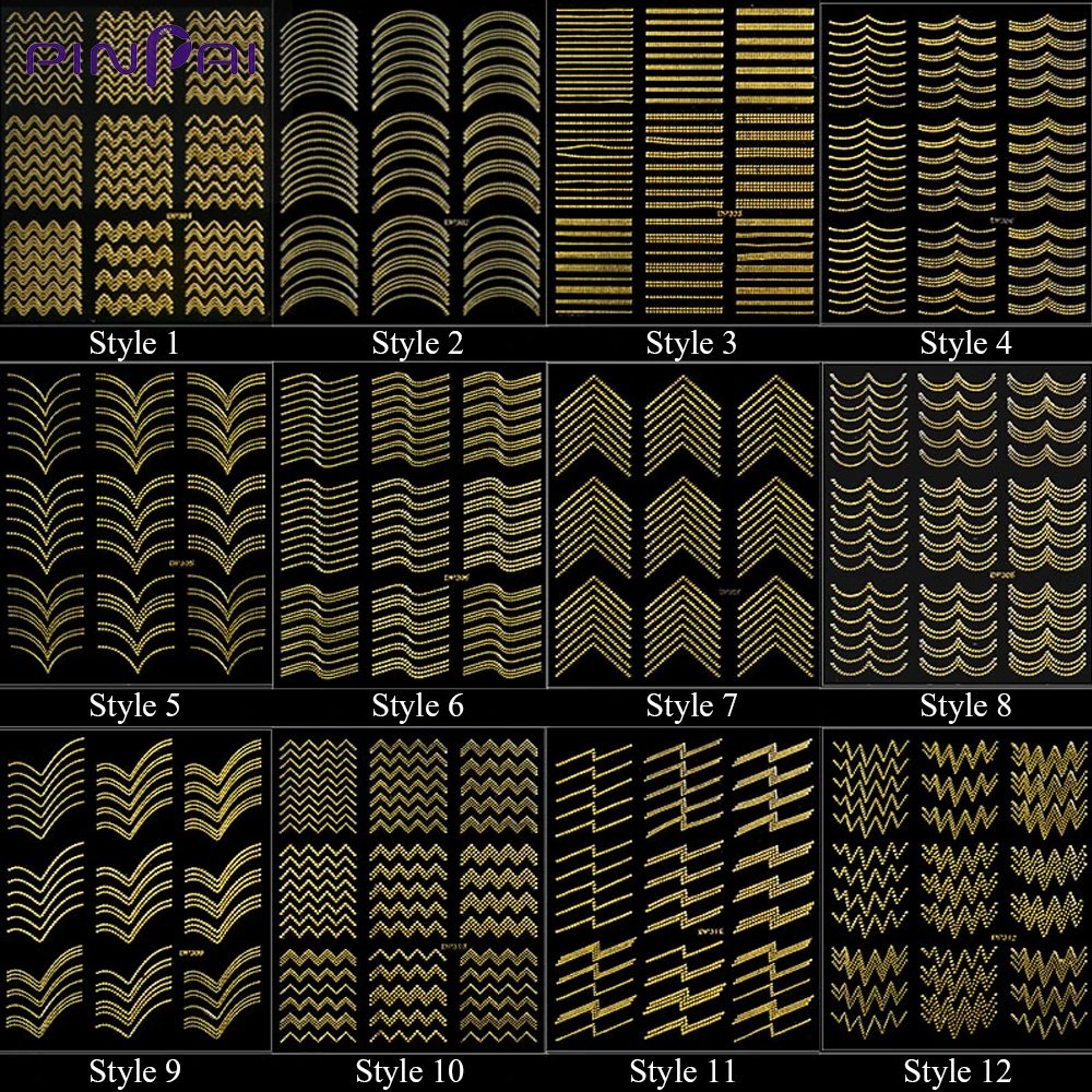 12 видов стилей, золотая металлическая стикеры 3D на ногти Nail Art лента, волнистая линия, лазерная самоклеящаяся пленка, переводная наклейка, инструмент для украшения маникюра