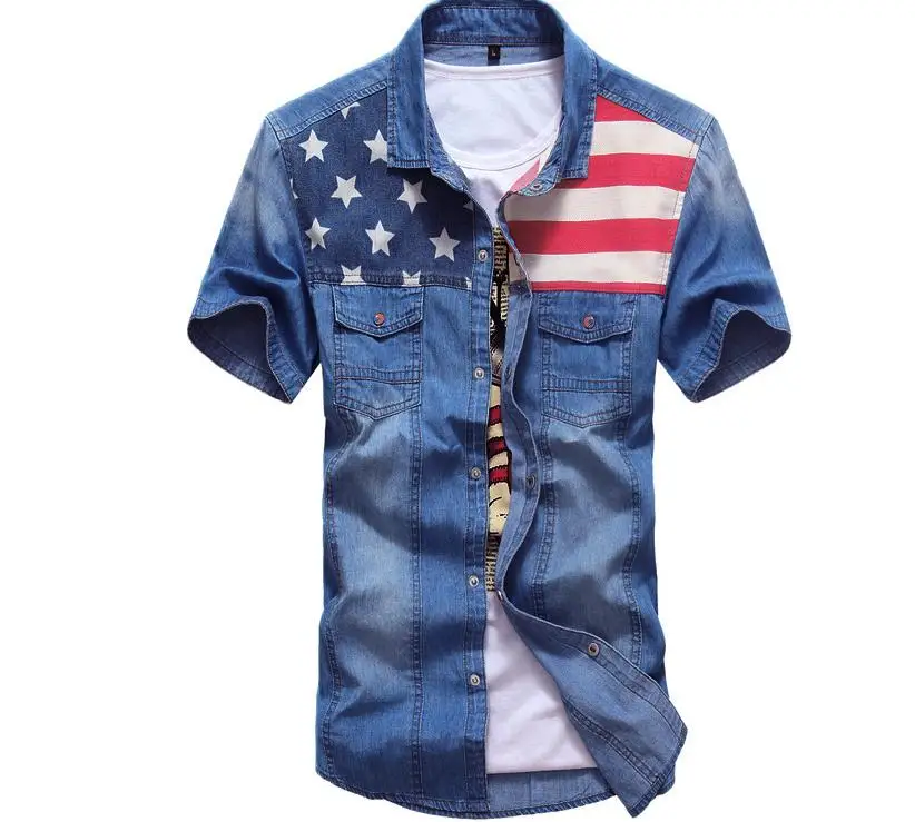 M/3Xl Mens Summer Slim Denim Shirts Short Sleeves Flag Stitching Summer Denim Shorts Turn Down Collar Jeans Shirts J1447
