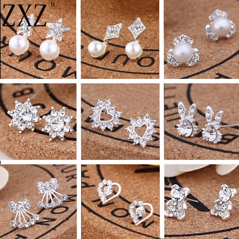 

ZXZ 1 Pair Fashion Simulated Pearl Rhinestone Crystal Silver Stud Earrings for Girl Women Jewelry Bijoux Wedding Party Gift