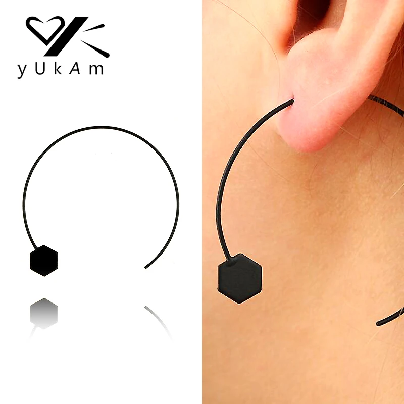 

YUKAM Creative Big Simple Black Creole Hoop Earrings Hollow Circle Round Earrings Hanging Hexagon Earrings for Women Ear Jewelry