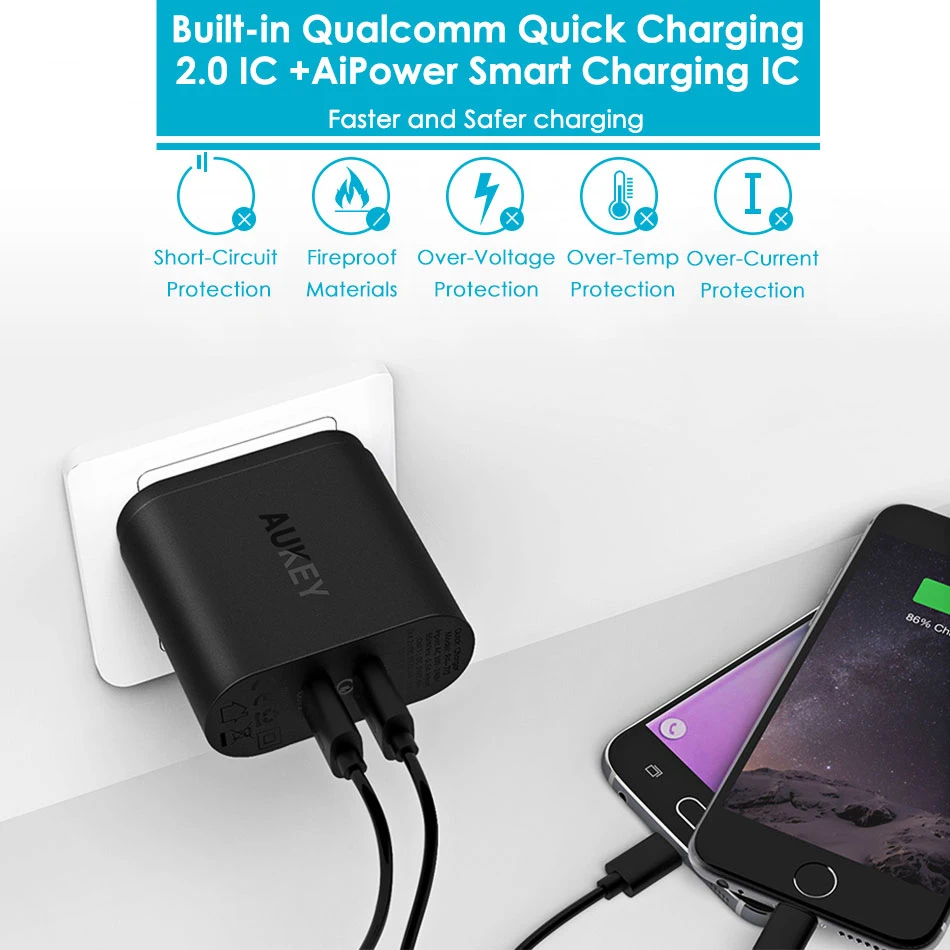 Aukey QC 2.0 универсальный usb быстрое зарядное устройство Quick Charge путешествия зарядки