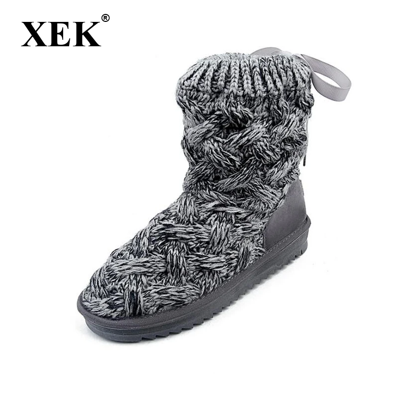 XEK Creative Women's Snow Boots Korean Rubber Knit Wool Line Winter
