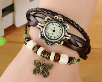 

30pcs/lot Multilayer Leather Rope Bracelet 8 Colors MIXORDER Butterfly Pendant Bracelet Wristwatches Watch Bangle Women Jewelry