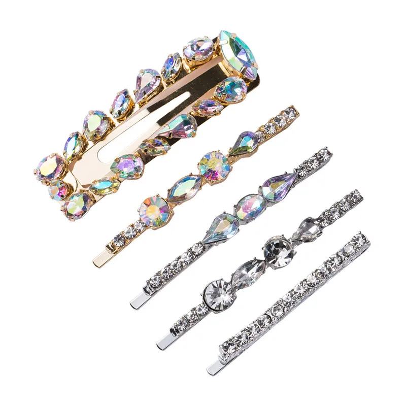 

2019 New 5PCS Luxury Cool Color Crystal Hairpins Women Metal Geometric Round Rectangle Set Hair Clips Hair Jewelry Accessories