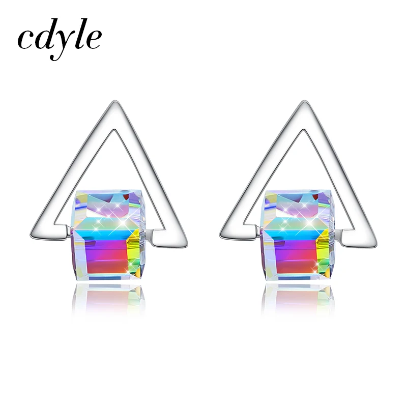 

Cdyle 925 Sterling Silver Geometric Earrings Embellished with crystal Triangle Stud Earrings Cube Women Earrings